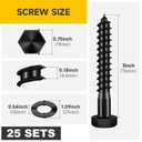 Mywish (25Sets) 1/2" x 3" Lag Bolts, 304 Stainless Steel 1/2 inch Lag Screws Bolts for Wood, Heavy Duty Hex Head with Flat Washers Bolt Kit, Black Oxided
