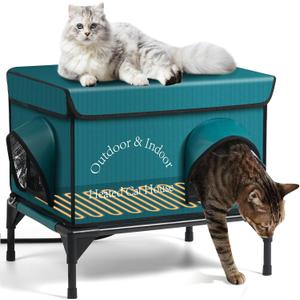 Heated Cat House for Outside Cat in Winter, Insulated Outdoor Feral Cat Shelter with Cat Heating Pad, 2 Doors,Elevated Waterproof Heated Kitty House (Blue, 21.5"x16.5"x18")
