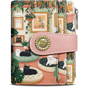 Cute Lovely Black Cats Small Rfid Women Wallet Bifold Zipper Coin Pocket PU Leather Compact Cash Travel Credit Card Holder for Female Ladies Teen Girls 1 ID Window 10 Card Slots