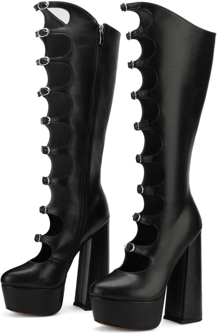 FancyQueen Platform Boots Gothic Boots for Women, Knee High Chunky Platform Heels (6, Black-pu)