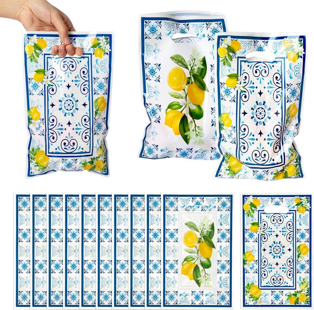3sscha 50Pcs Capri Lemon Party Favor Bag Blue Tiles Yellow Lemon Plastic Waterproof Goodie Bag Citrus Fruit Rectangular Gift Bags for Kids Birthday Baby Shower Decoration Party Favor Supplies