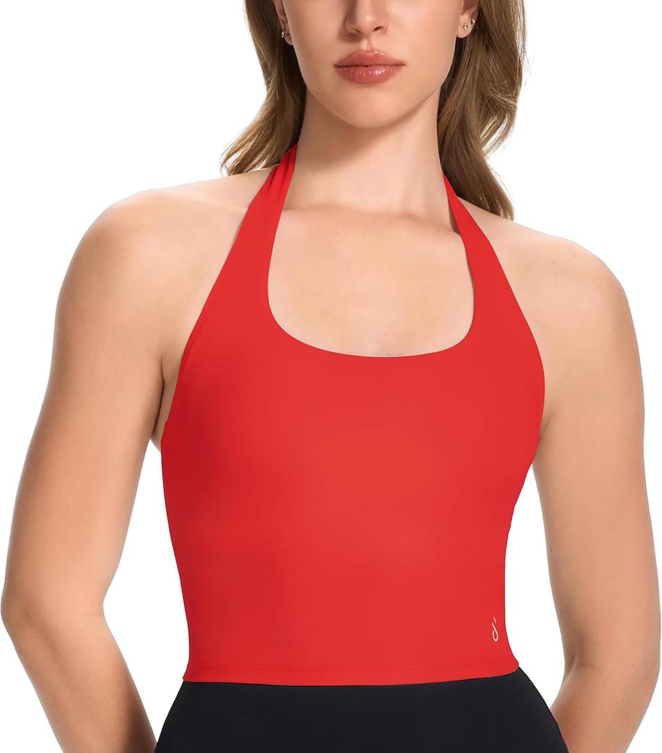 JOYSPELS Halter Workout Tank Top with Built in Bra Buttery Soft Longline Sports Bra Yoga Pilates Gym Casual Wear
