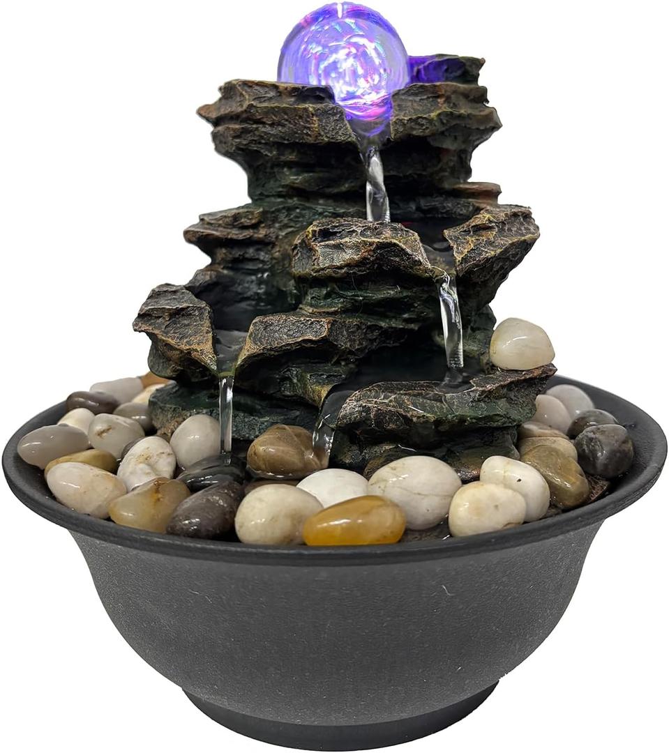 Spinning Orb Rock Cascading Tabletop Fountain, Zen Meditation Indoor Waterfall Feature with Colored LED Light & ON/Off Switch for Home Office Bedroom Relaxation