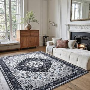 Area Rugs 4x6,Boho Vintage Oriental Washable Rugs,Collapsible Area Rug for Bedroom, Entryway, Kitchen, Bathroom (Black)