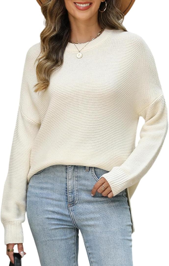 VIMPUNEC Women's Fall Casual Knit Sweaters Oversized Long Sleeve Pullover Top Cozy Chunky Split Hem Jumper (Beige, L)