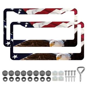LIN KANG American Flag Eagle License Plate Frame Holder - 2 Pack Patriotic Universal Aluminum Matte Stripe US Flag Gloss Car Tag Frame Holder Accessory with Screws Fasteners Caps