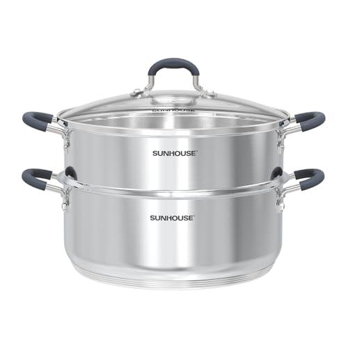 SUNHOUSE - 5.5 Quart Steamer Pots With Lid 2-Tier Multipurpose Stainless Steel Steaming Pot Cookware With Handle For Vegetable, Dumpling, Sauce, Food - Triple Bottom, Measurement Line