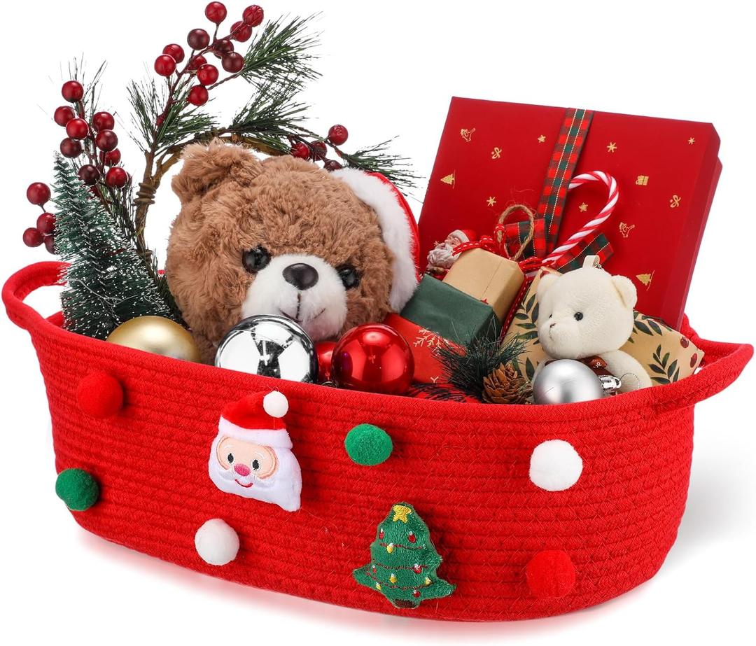 FoldTier 1 Pack Christmas Gift Basket Empty 15 x 9.9 x 5.1 Inch Santa Red Christmas Storage Bin with Handles, Woven Cotton Rope Basket for Gifts Holiday Treats Party Supplies, Home Xmas Decorations