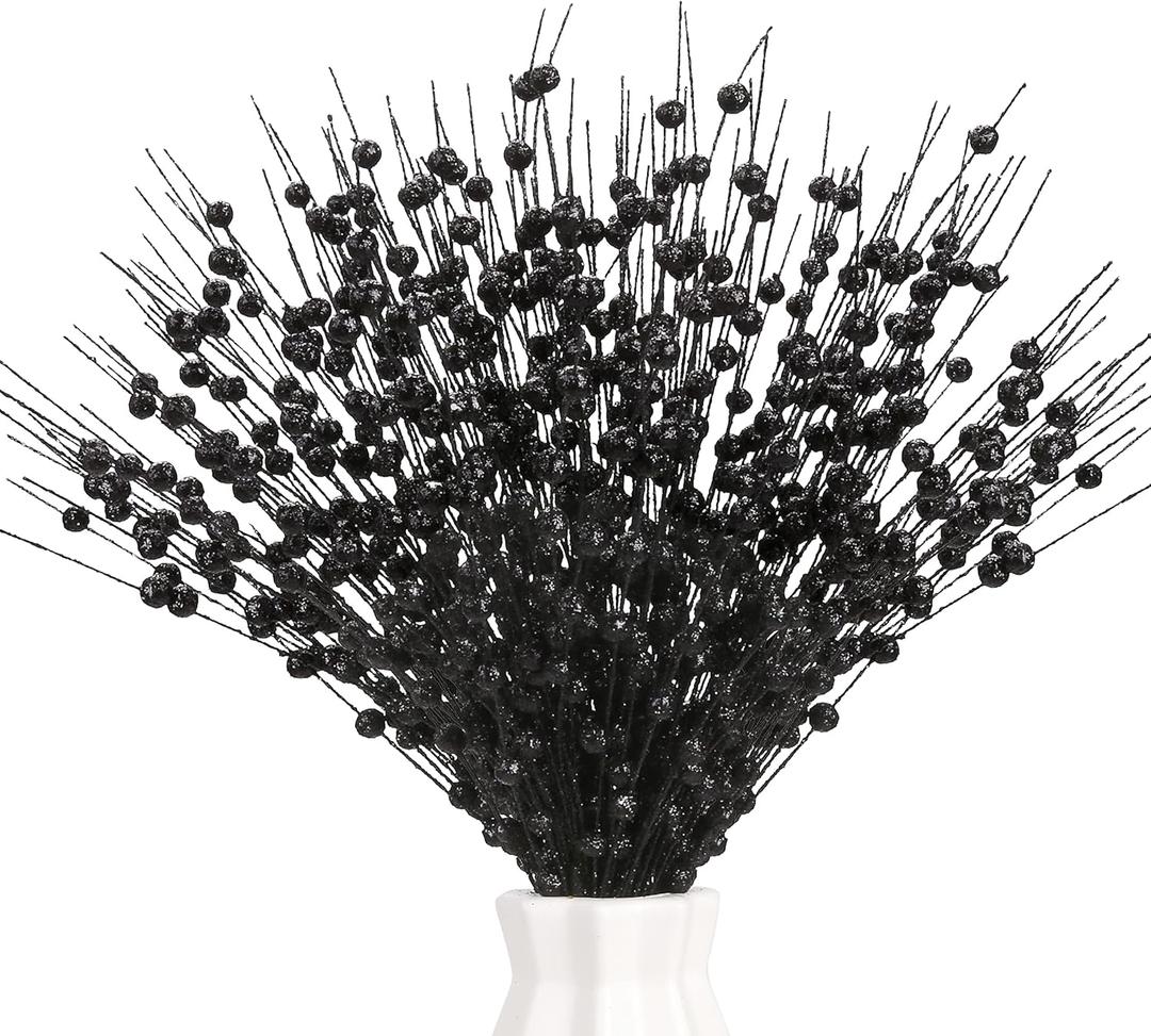 12 PCS Artificial Glitter Berry, Black Glitter Picks Artificial Berries Stems for Christmas Ornaments Fake Stem Decorative Sticks for Vases Tall DIY Wreath Halloween Decor