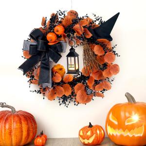 Halloween Wreath for Front Door with Lantern 20'' Witch Broom Lantern Fall Pumpkin Wreath Halloween Decorations Indoor Maple Leaf Bow Light for Porch Wall Home