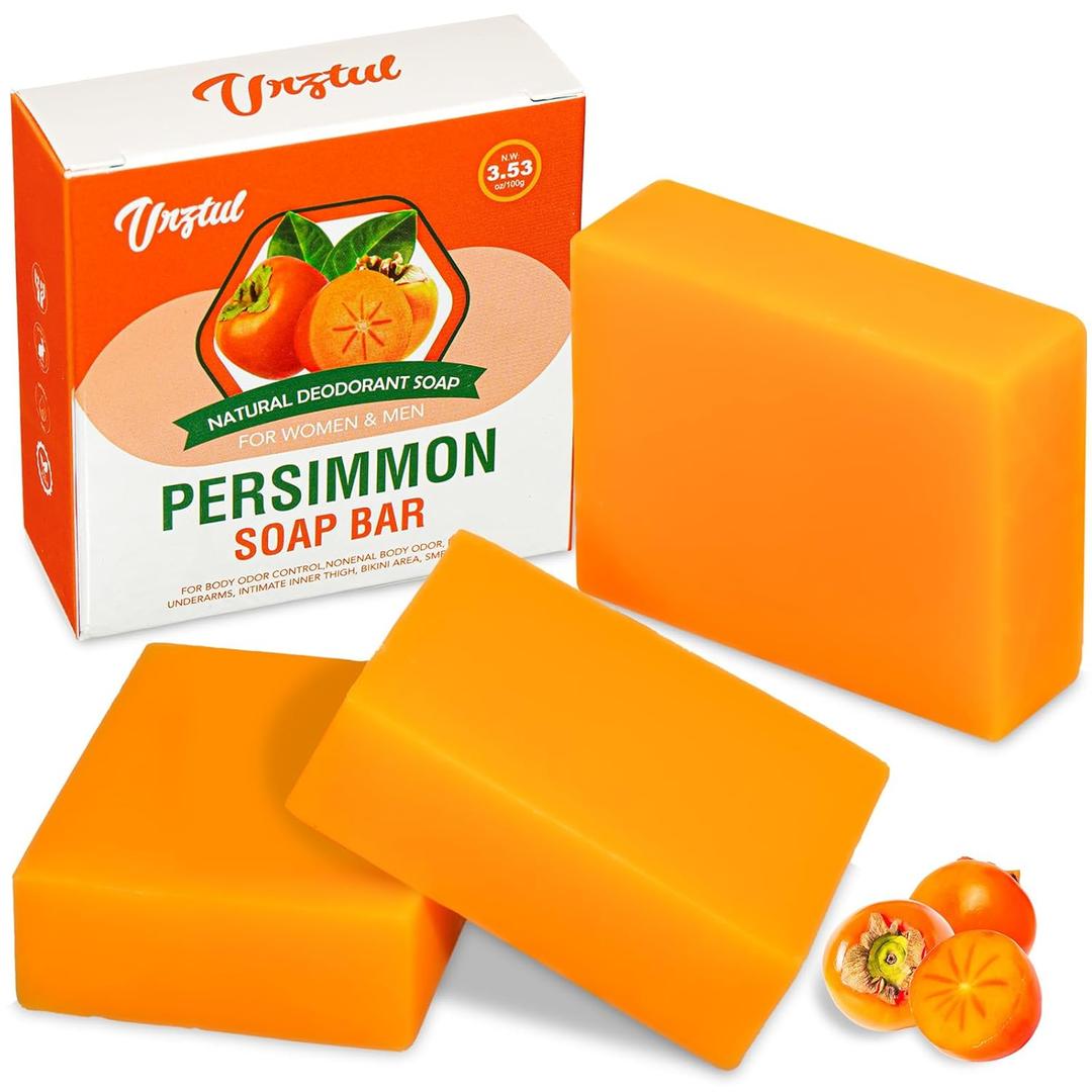 3 PCS Persimmon Soap Bar for Body Odor Control, Natural Deodorizing Soap for Eliminating Strong Smell, Handmade Bar Soap Deodorant Smooth Skin Deeply Cleansing