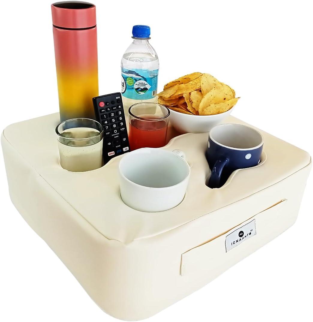 Patented 7-Hole Couch Cup Holder - Convenient Couch Caddy Organizer, Bed Drink Holder with High-Density Foam, Faux Leather, and Non-Slip Base - Couch and Bed Cup Holder Pillow