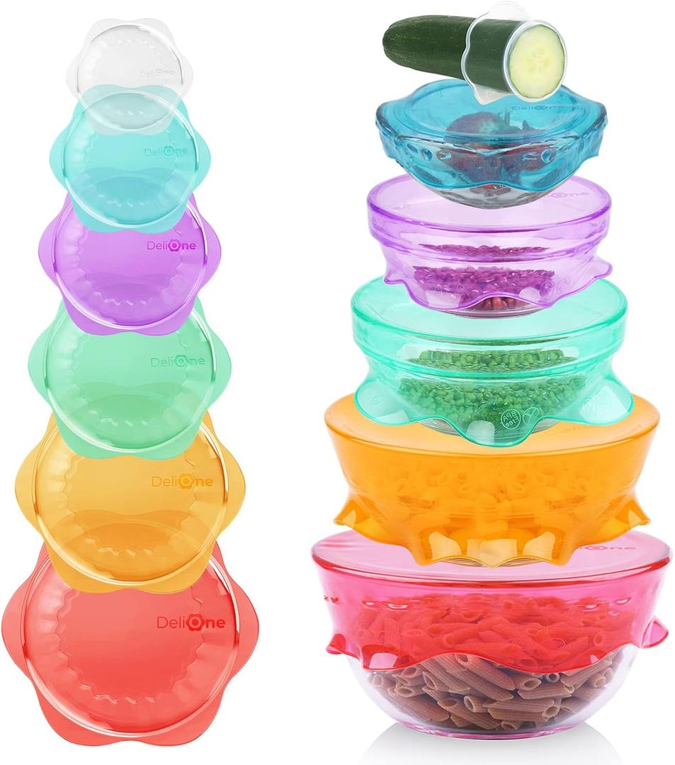 DeliOne Silicone Stretch Lids for Kitchen Food Storage Durable,Reusable + Expandable Bowl Covers for Cup or Square Containers, Freezer, Microwave,and Dishwasher Safe,Mixing Size, 6-Pack, Color