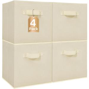 STORAGE MANIAC Storage Cubes, 11 Inch Collapsible Storage Bins with Handles, 4 Pack Fabric Foldable Bins for Organization, Durable Storage Bins for Closet, Shelves, Offices, Toys, 4-Pack Beige