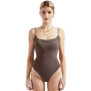 SUUKSESS Women Square Neck Lace Bodysuit Sleeveless Spaghetti Strap Tank Top (Medium, Brown)