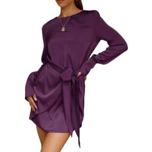 R.Vivimos Women's Satin Dress Long Sleeve Casual Wrap Ruched Tie Waist Party Mini Dress