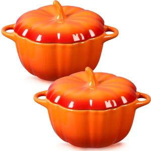 Hushee 2 Pcs Pumpkin Bowl Set with Lid & Handle - Fall Pumpkin Shape Sugar Dessert Soup Ceramic Dinnerware for Thanksgiving, Halloween, Autumn Harvest, Decoration Gift Bowl(8.1 oz)