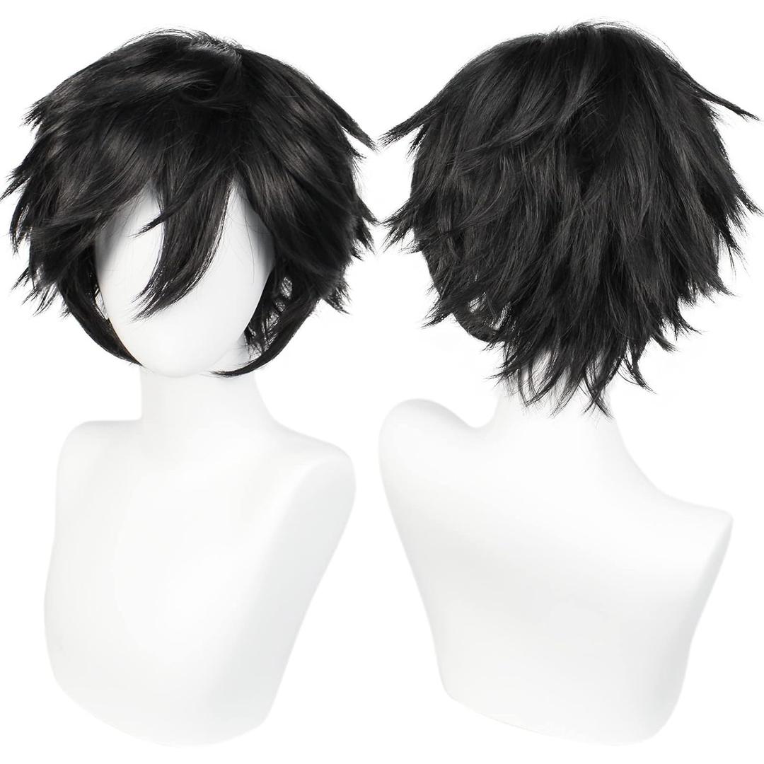 ANOGOL Hair Cap+ Short Black Wig for Men Short Black Men's Wigs for Cosplay Black Anime Cosplay Wig Layered Black Party Wigs with Bangs for Halloween Costume Christmas Peluca Negra Synthetic Hair