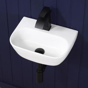 Small Vessel Sink 17"x12" Wall Mount Bathroom Sink Wall Mounted Oval Wall Hung Mini White Porcelain Ceramic Floating Tiny Sink,Easy Install, Durable, Space-Saving, Ideal for Home,RV, 16.5"x11.5"x5"