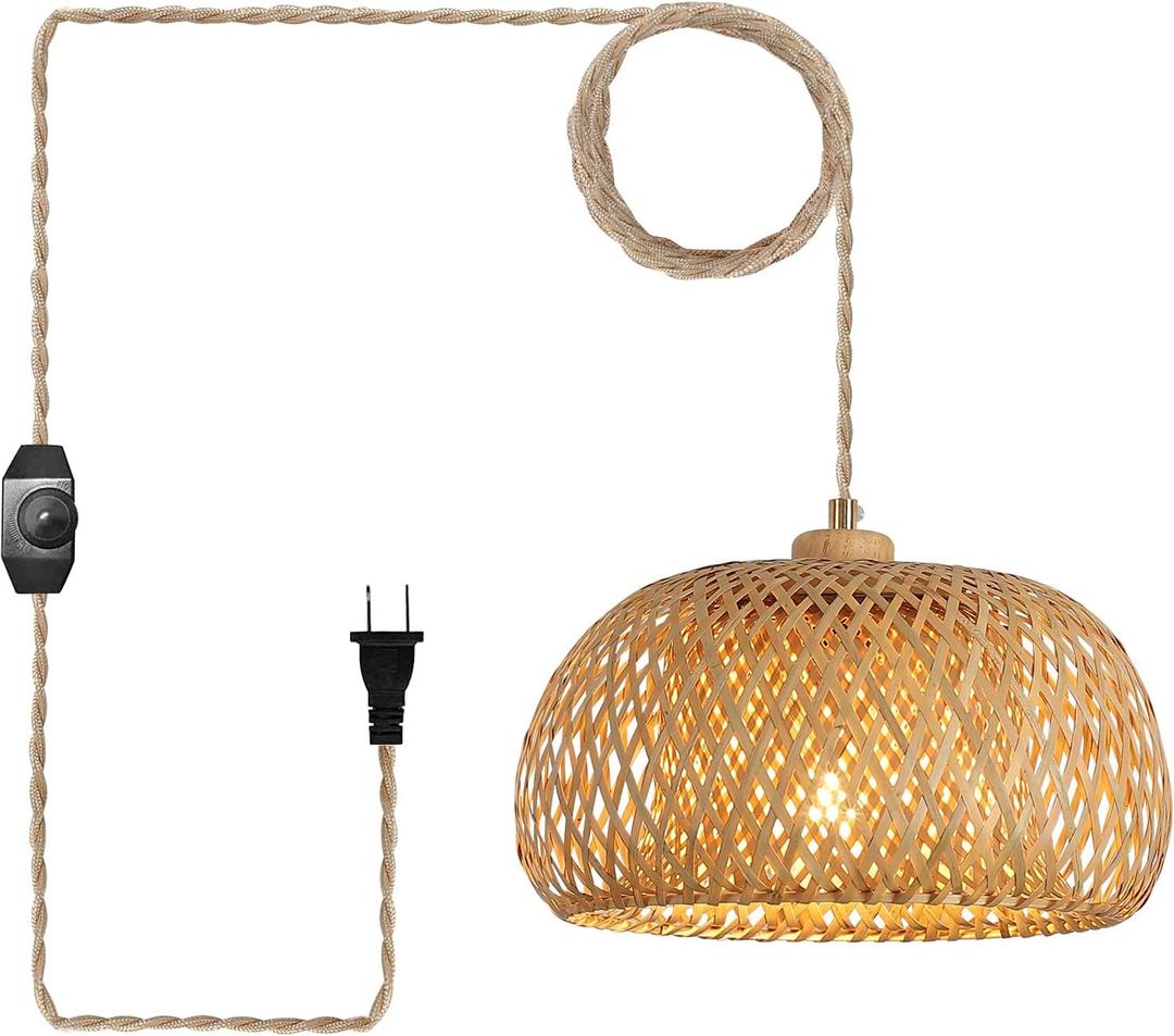 Bamboo Plug In Pendant Light With 14ft Handmade Woven Light Cord, Dimmable Switch, Boho Basket Hanging Lamp For Bedroom Kitchen Island Decor Farmhouse Living Room