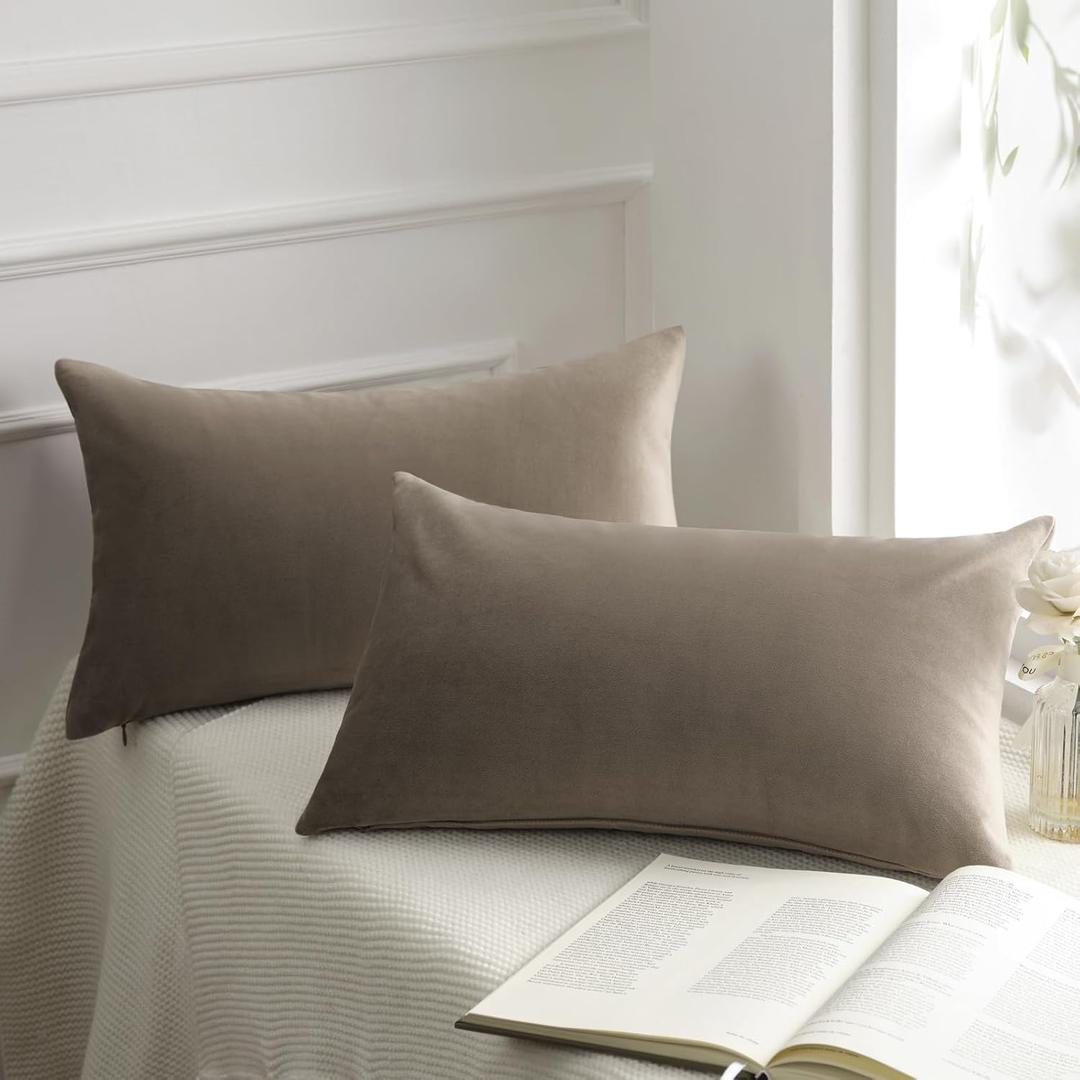 Phantoscope Pack of 2 Velvet Decorative Throw Decorative Pillow Cover Soft Solid Square Cushion Case for Couch Taupe 12 x 20 inches 30 x 50 cm