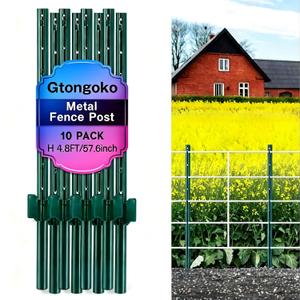 Gtongoko 4.8 Feet Heavy Duty Metal Fence Posts, 10 Pack U Channel Fence Post with Anchor Plate, Green Steel T Post for Garden, Yard, Farm, Wire Fencing