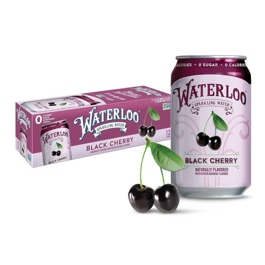 Waterloo Sparkling Water, Black Cherry Naturally Flavored, 12 Fl Oz Cans (Pack of 12) Zero Calories and Zero Sugar or Sweeteners (EXP 05/04/27)