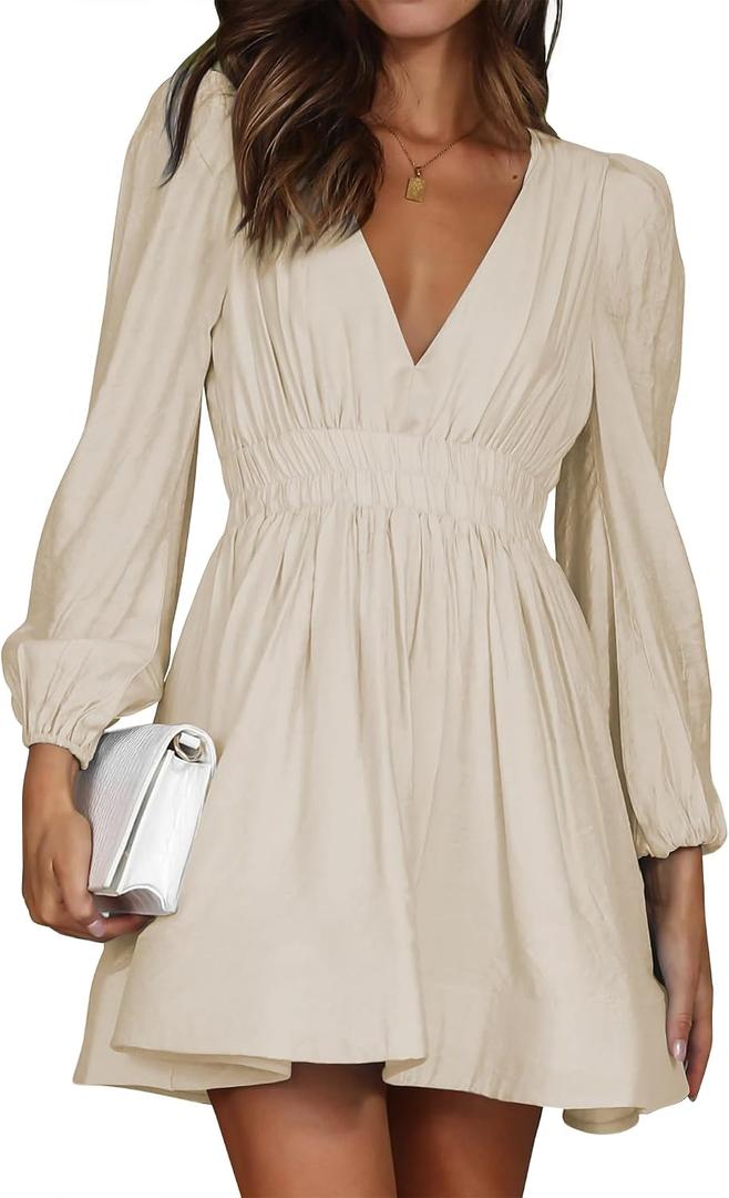 FAIABLE Mini Deep V Sexy Long Sleeve Dress for Women A-line High Waisted Casual Flowy Dress for Cocktail Wedding Guest, L