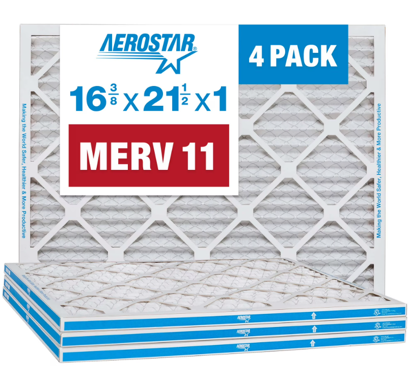 Aerostar 16 3/8 x 21 1/2 x 1 MERV 11 Pleated Air Filter, AC Furnace Air Filter, 4 Pack Aerostar 16 3/8 x 21 1/2 x 1 MERV 11 Pleated Air Filter, AC Furnace Air Filter, 4 Pack