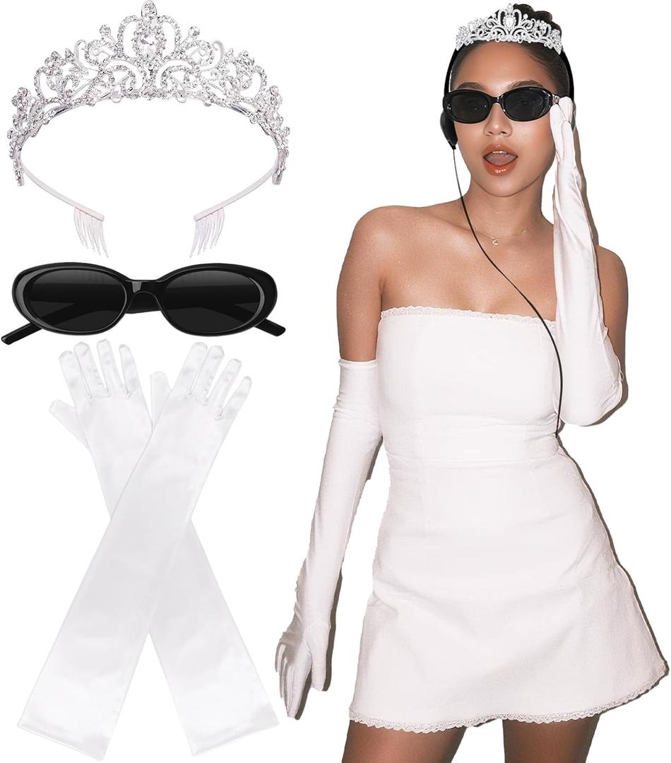 Princess White Tiara Gloves Sunglasses Headphones, Princess Costume Accessories Women Bachelorette Party Decorations (3 Pcs - Style b (No Headphones))