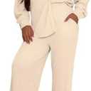 Ophestin Women 2 Piece Dressy Outfits Casual Pleated Long Sleeve Button Down Shirt Wide Leg Pants Loungewear Matching Sets Size L