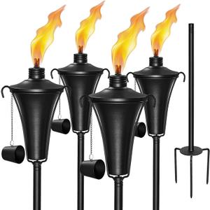 Citronella Torches for Outside Set of 4, 16 Oz Metal Outdoor Torches with 3-Prong Grounded Stake, 58 Inch Torch for Garden Decor, Backyard, Patio, Black