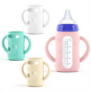 4-Pack Silicone Sleeves for Lansinoh Glass Bottles 5 oz- Starry Sky Design Baby Bottle Holder with Handles,Protectors for Lansinoh Natural Wave Glass Bottles, Anti-Scald Feeding Supplies (Light Pink+White+Beige+Light Blue)