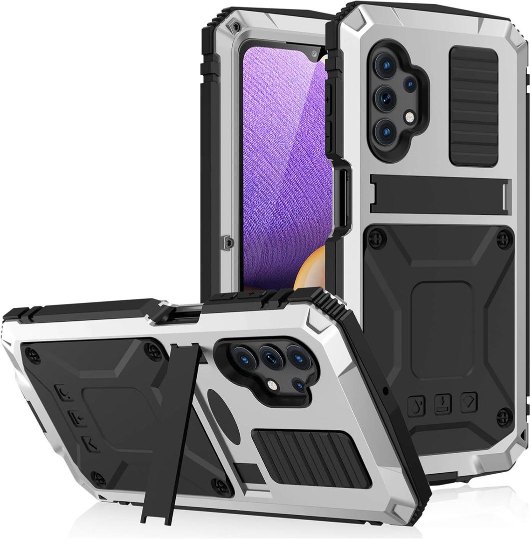 Compatible for Samsung Galaxy A32 5G Metal Case,Heavy Duty Dust Proof Military Grade Rugged Case with Sliding Camera Cover and Built-in Foldable Kickstand with Full-Body Bumper Cover (Silver)