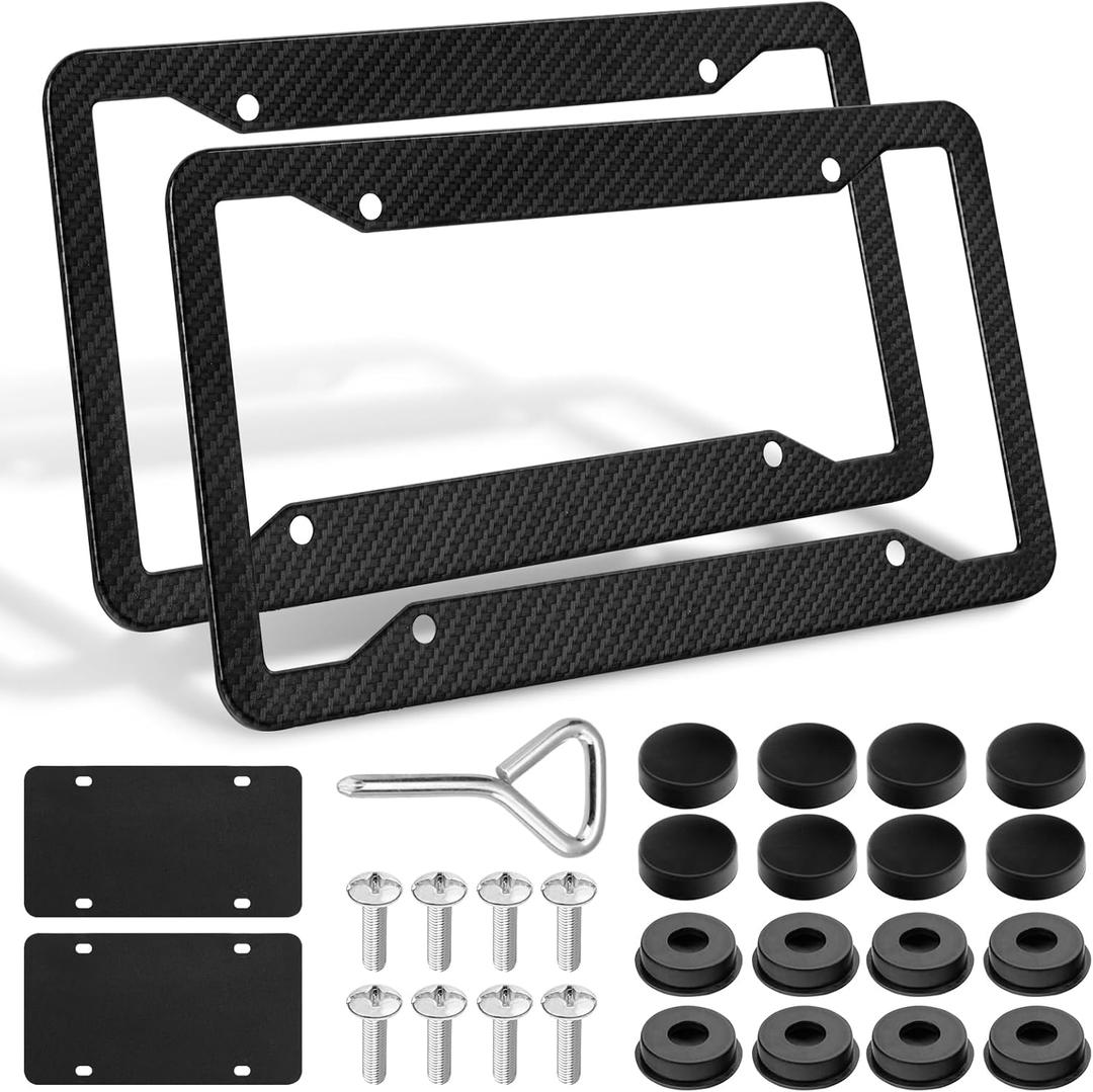 Carbon Fiber License Plate Frames- Black Carbon Pattern Aluminum Front & Rear Car Tag Holder Cover 2 Pack, for Men/Women, with Mount Hardware, Screws, Caps, Screwdriver, Rattle Proof Pads by XIOGZAXI