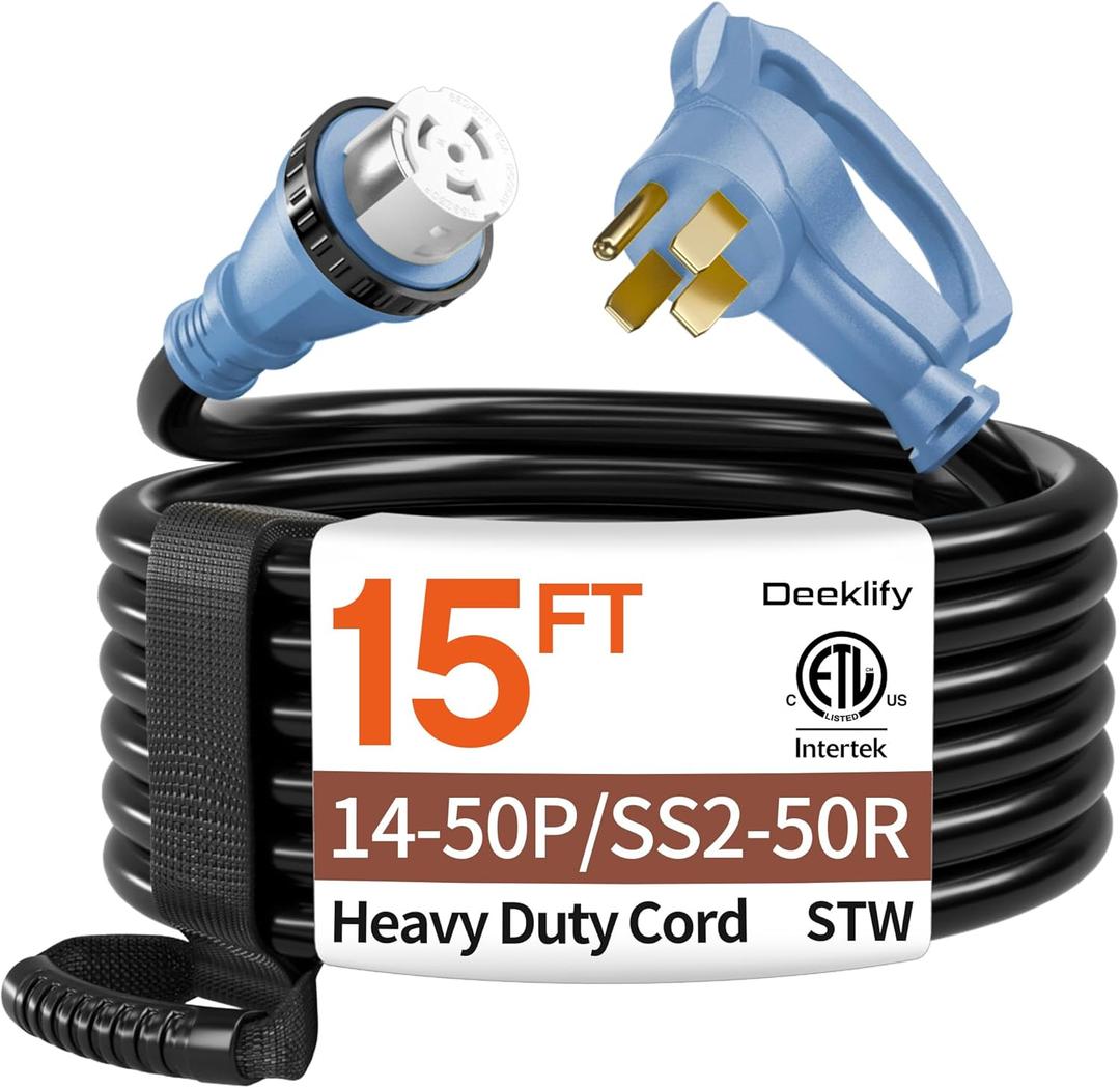 15FT 50 Amp Generator Cord, NEMA 14-50P/SS2-50R Heavy-Duty 4 Conductors Cable, Pure Copper STW RV Extension Cord, Female Plug with Twist Lock, Suitable for RV or Camper, ETL Listed