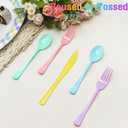 150 Pcs Pastel Plastic Silverware Heavy Duty Iridescent Utensils Plastic Pastel Silverware Disposable Includes 50 Forks 50 Knives 50 Spoons for Easter, Birthday, Baby Shower, Garden Party, Wedding