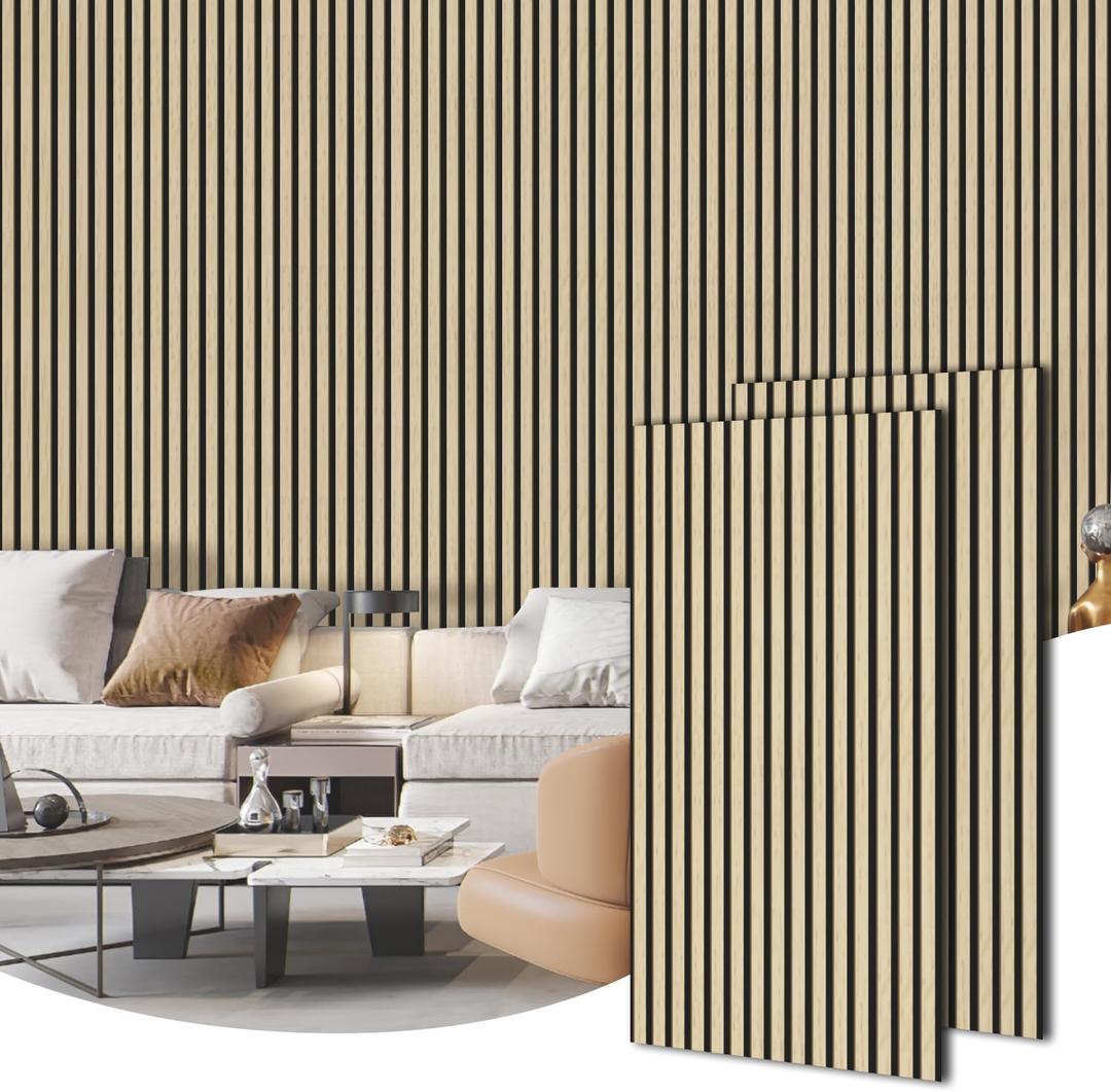 HOURIA 2Pcs Wood Slat Acoustic Panels for Wall and Ceiling, 23.6X 47.2 Inch 3D Fluted Wood Finish Soundproof Wall Panels, Sound Absorbing Decorative Wall Panels for Interior Wall Decor - Oak