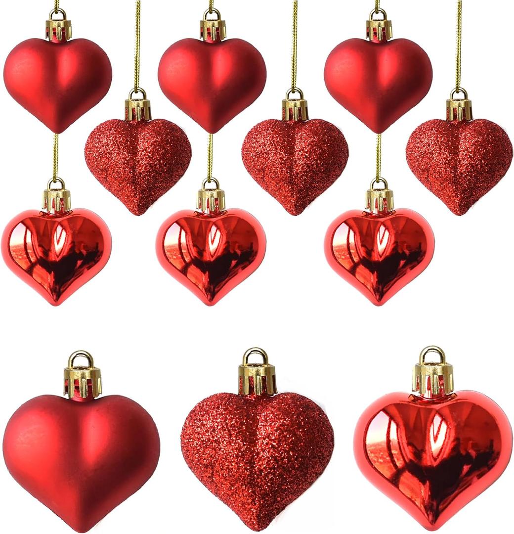 12Pcs Heart Ornaments Multi Finish Heart Baubles Hanging Ornaments for Valentines Day Decor Mother's Day Christmas Tree Wedding Anniversary Party Decoration(Red)