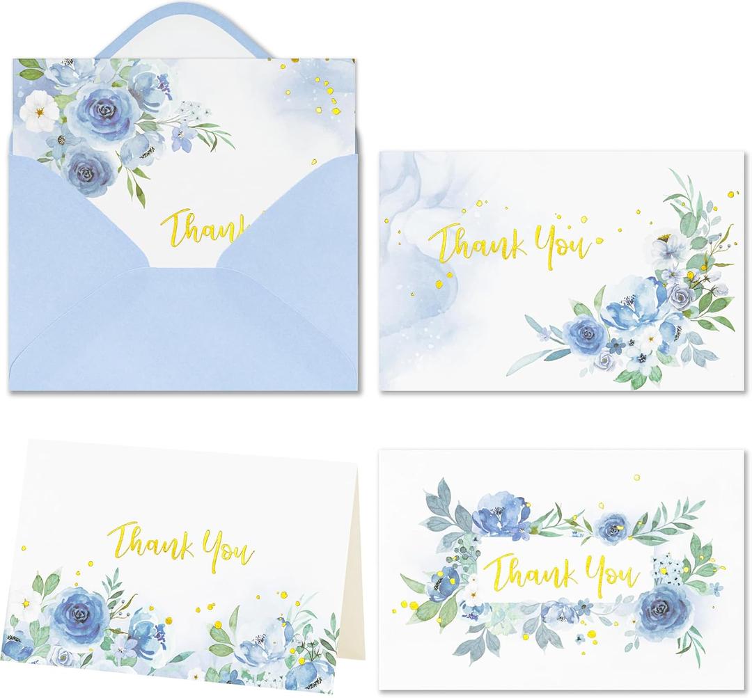 Crisky Thank You Cards 4 Assortment, Watercolor Painted Florals (50 Cards with Envelopes for Birthday, Baby Shower, Bridal Shower, Wedding, All Occasion)