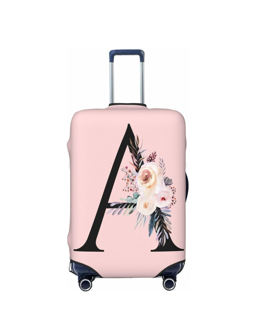 Spandex Travel Luggage Cover Cute Pink Suitcase Protector Bag,Black Letter A With Boho Floral Flowers Leaves Anti-Scratch,Dust-Proof Washable Baggage Covers For Kid Adult,S (For 18-21 Inch Luggage)