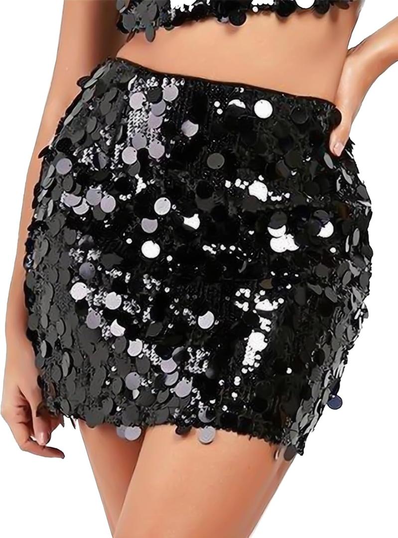 YYA Women's Sequin Skirts Shiny Sequined Holiday Mini Bodycon Skirts for Holiday Parties Outfit Black, Small