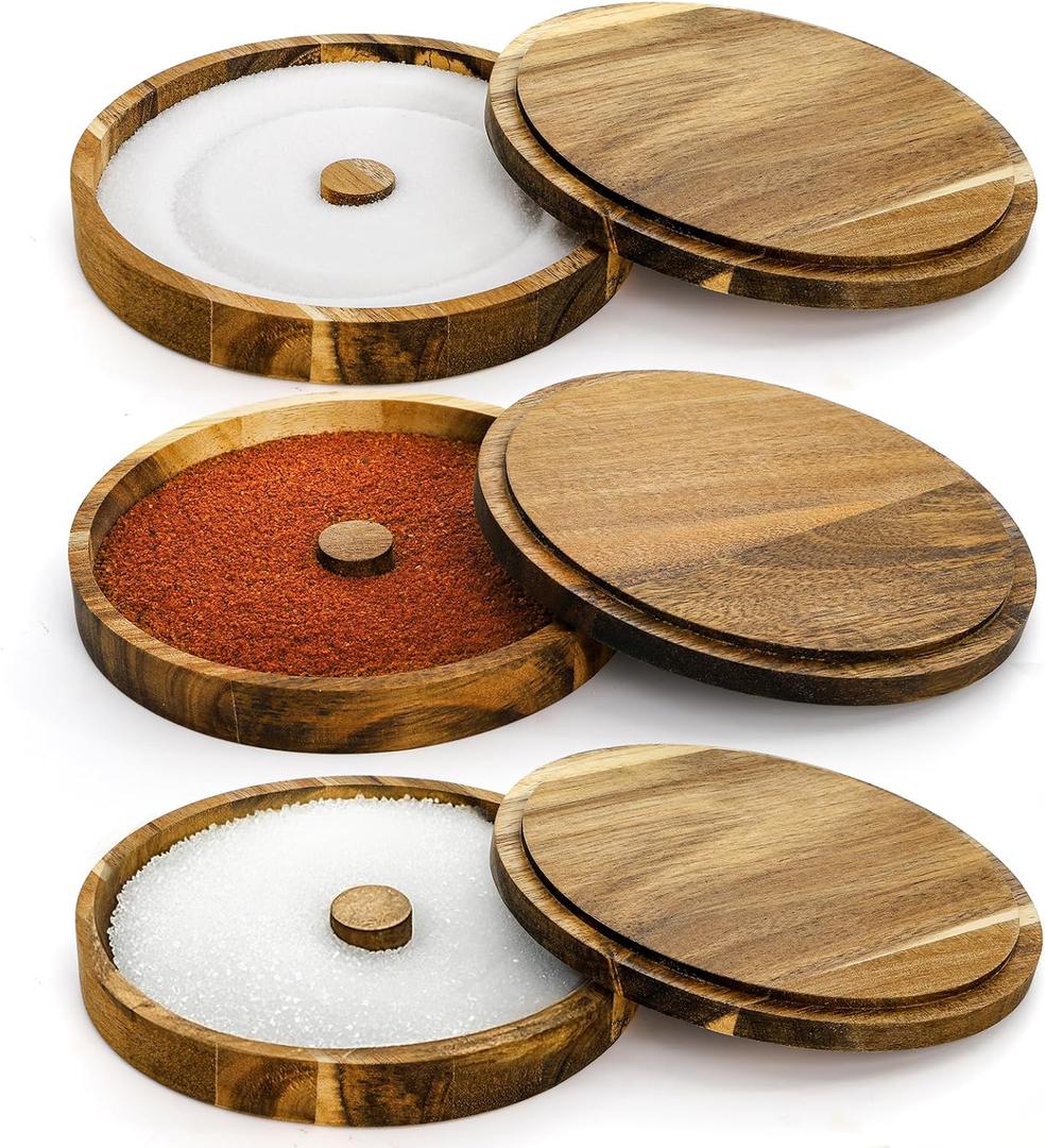 3 Pieces Margarita Salt Rimmer Set, Acacia Wood Glass Rimmers with Lids, Stackable Bar Rimmer Tray Spice Sugar Container for Cocktail, Home Bar, Bartenders, Glass up to 5.5''D