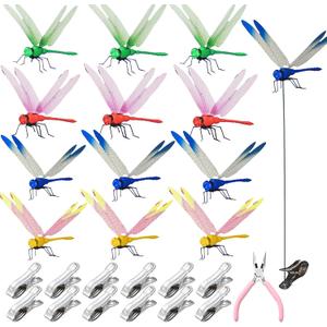 12Pcs Dragonfly Clip, DIY Dragon Fly Clips, Fake Dragonfly Garden Outdoor Decor, Plastic Dragon Fly Plant Pot Decorations with Pliers & Clips(Large)
