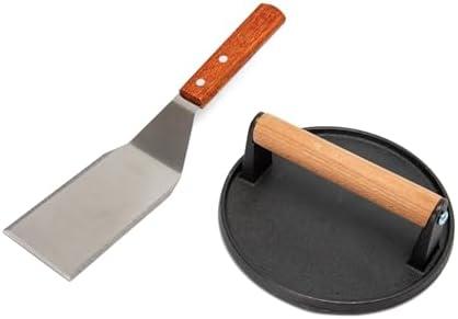 7" Smash Burger Press Set, Round Cast Iron Press & Grill Spatula with Wood Handle, Meat Steak for Perfect Cookouts, Outdoor Barbecues and Tailgates