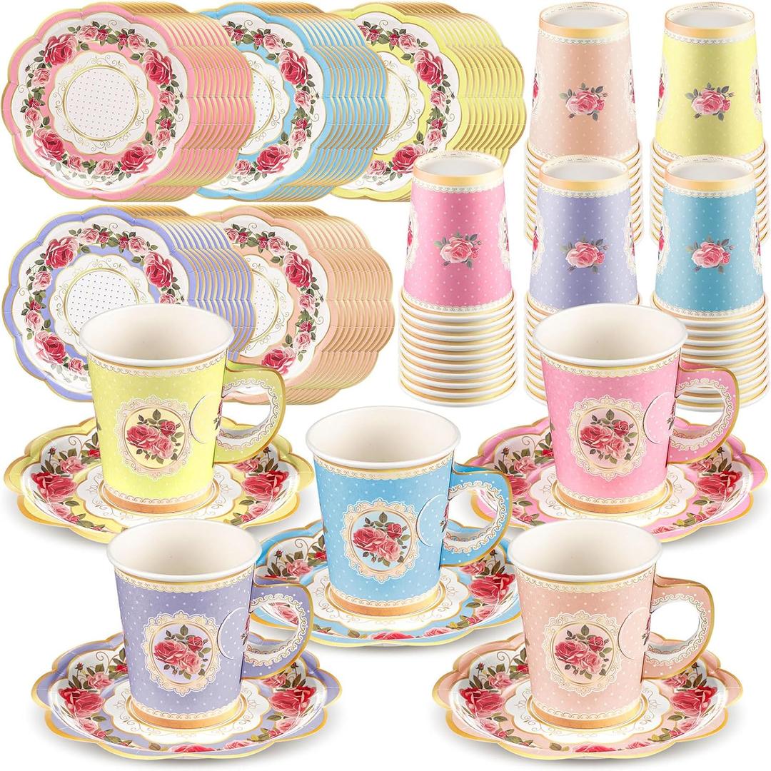 Tioncy 100 Pcs Tea Party Decorations Include 50 Pieces 9 oz Paper Tea Cups with Handle and 50 Plates Disposable Teacups and Saucers Sets for Birthday Baby Shower(5 Colors) (Floral, Multicolor)