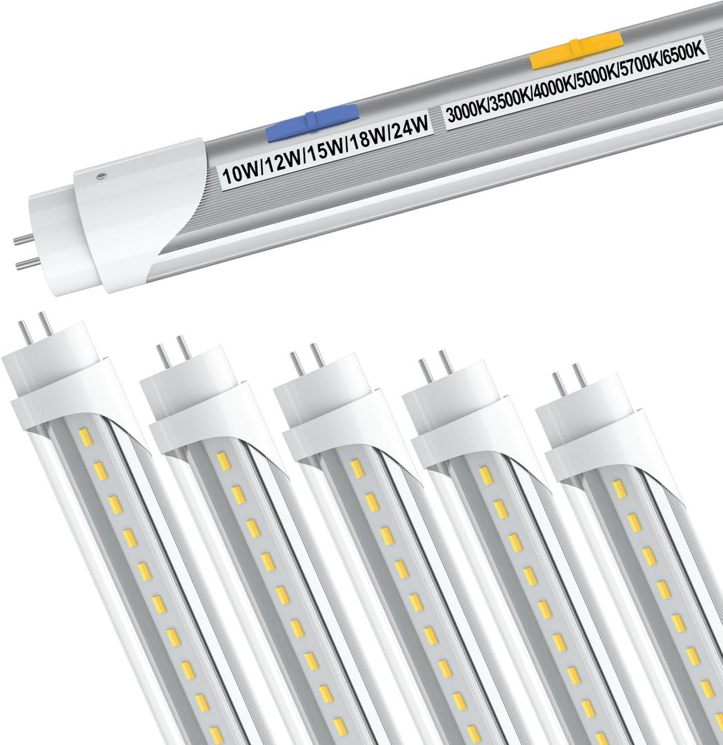 T8 LED Tube Light Bulbs 4 Foot, 5 Power(10W-24W)& 6CCT(3000K-6500K) All in 1,Plug & Play or Ballast Bypass,T8 T12 4ft Fluorescent Tube Light Bulbs Replacement, Type A+B Install, ETL DLC(Clear-6Pack)