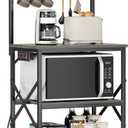 Furologee Kitchen Bakers Rack with Power Outlet, Coffee Bar Station with Storage 4 Tiers, Microwave Oven Stand with 6 S Hooks, Kitchen Storage Shelves Rack for Spices, Pots, Black Oak
