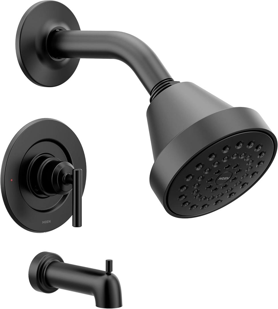 Moen Gibson Matte Black Pressure Balancing Eco-Performance Showerhead, Shower Handle, and Tub Spout, Posi-Temp Valve Required, T2903EPBL