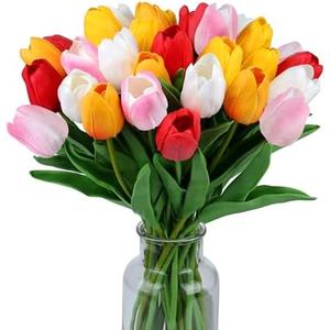 SITUMEIZI Fake Flowers Tulips Artificial Flower 15pcs Real Touch PU 14" for Spring Easter Home Kitchen Wedding Bouquet Bulk Mother's Gift Day Decorations(Assorted Colors,5)